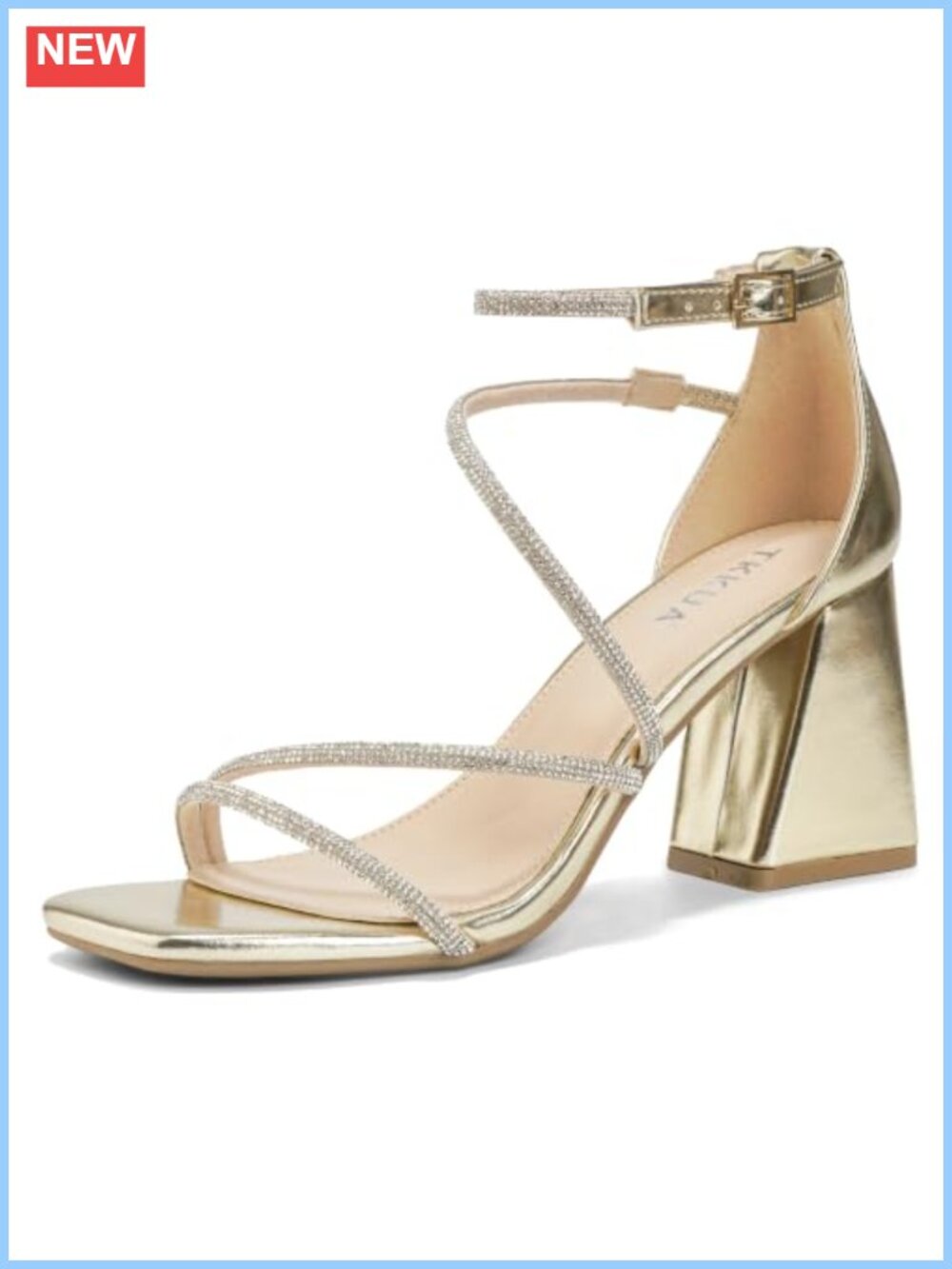 Rhinestone Strap Square Toe High Heel Sandals, Gold-metallic Pu, Chunky Block